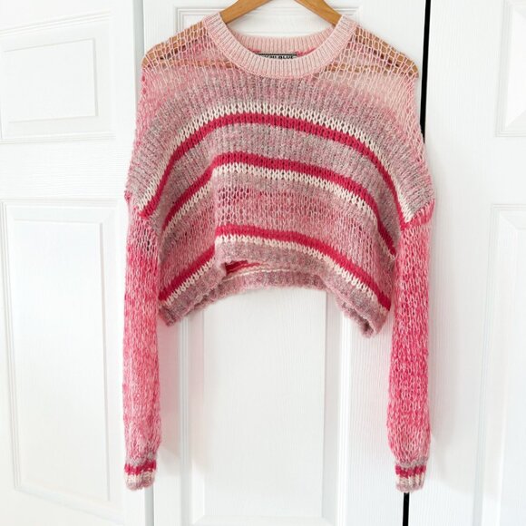 Kimchi Blue Pink Striped Open Knit Cropped Sweater XS Oversized Sheer Pullover - Picture 3 of 8